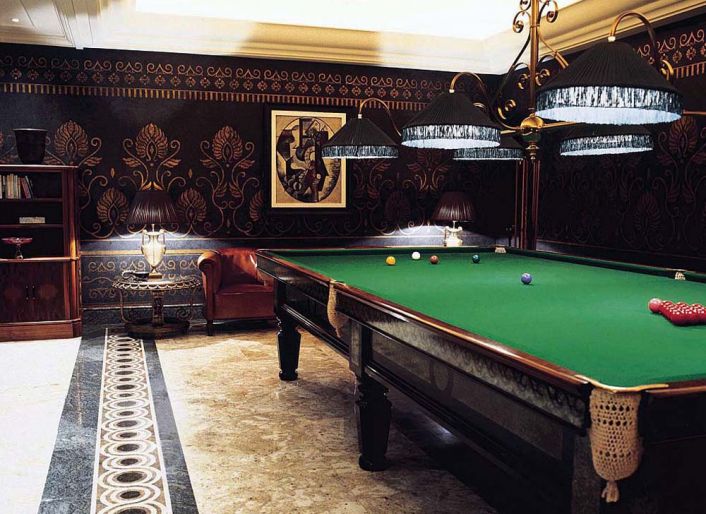 Private Lives Interior Design Portfolio -  International - Billiard room with granite floor and hand painted walls