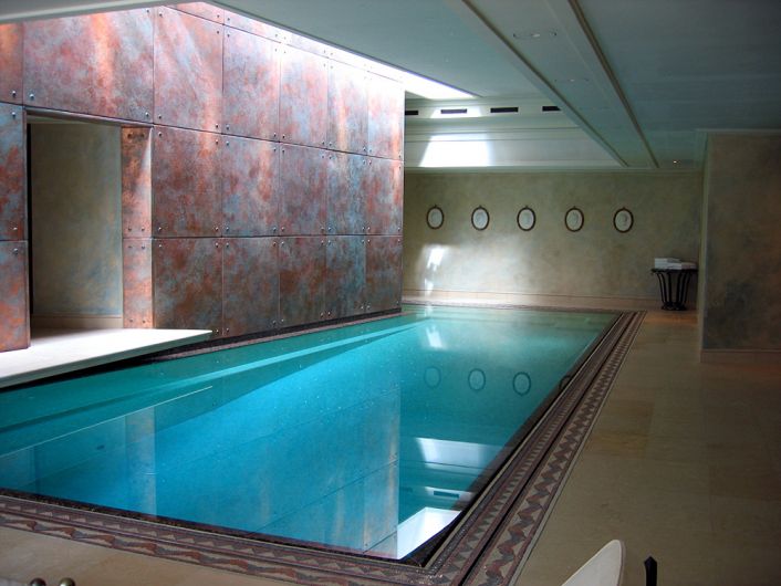 Private Lives Interior Design Portfolio -  International - Copper mosaic in swimming pool setting